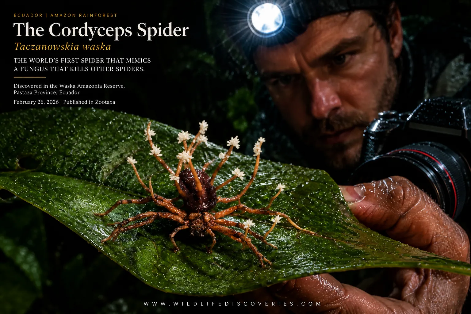 Cordyceps fungus-infected spider found during night expedition in Ecuador Amazon rainforest
