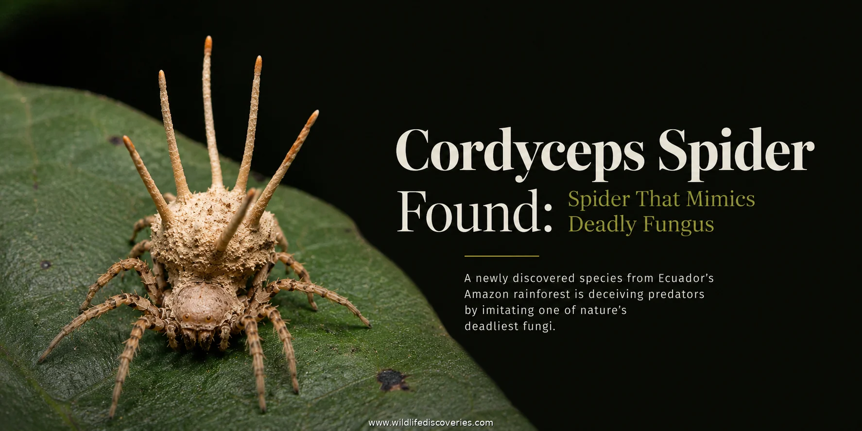 Featured image of the newly discovered Cordyceps Spider (Taczanowskia waska), a spider that mimics a deadly parasitic fungus in Ecuador's Amazon rainforest.
