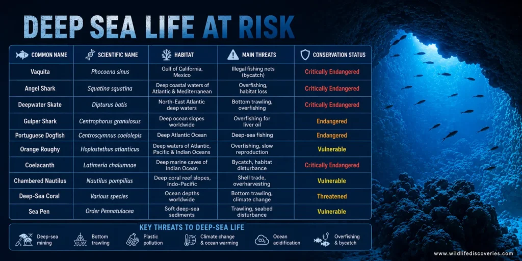Deep sea life at risk infographic showing endangered marine species, habitats, conservation status, and major threats including overfishing, bottom trawling, climate change, ocean acidification, and plastic pollution.