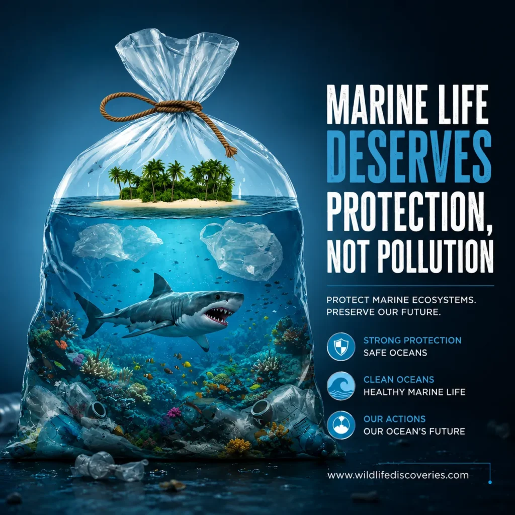 Marine life conservation poster showing an ocean ecosystem trapped inside a plastic bag, highlighting the impact of plastic pollution on marine habitats and the need for stronger ocean protection.