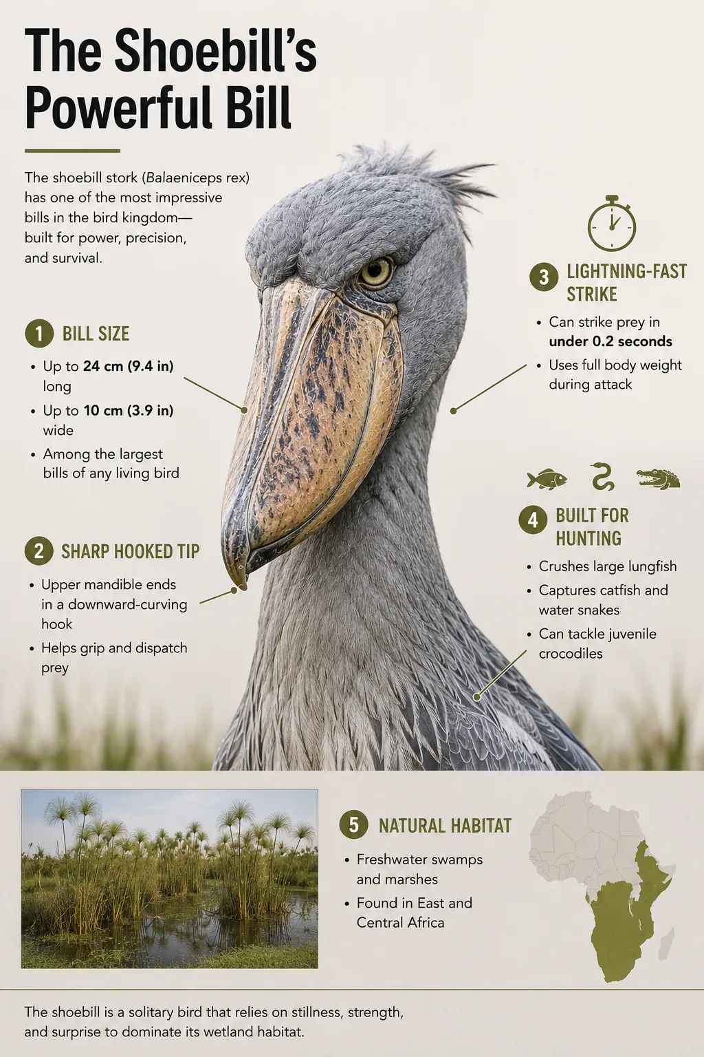 Shoebill stork powerful bill infographic showing bill size, hooked tip, hunting ability, strike speed, and habitat