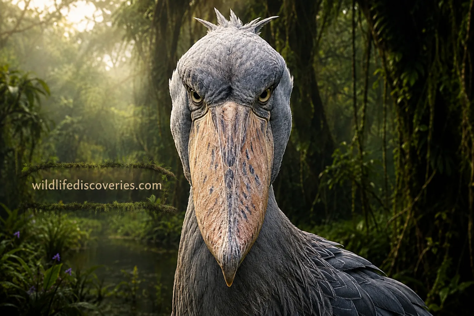 Shoebill stork close-up showing its massive shoe-shaped bill in a misty tropical wetland