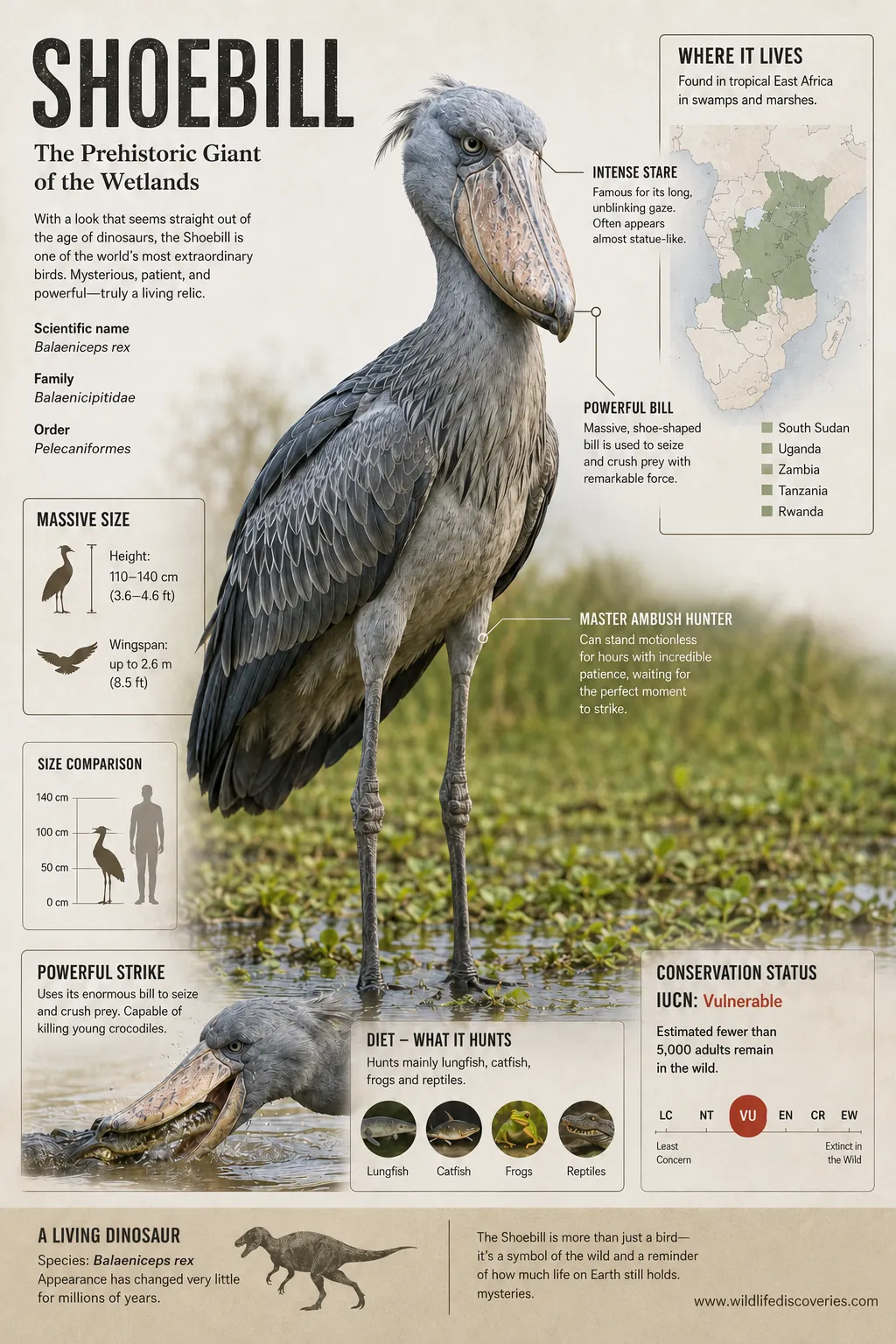 Shoebill stork infographic showing size, habitat, diet, conservation status, and prehistoric dinosaur-like features in African wetlands.