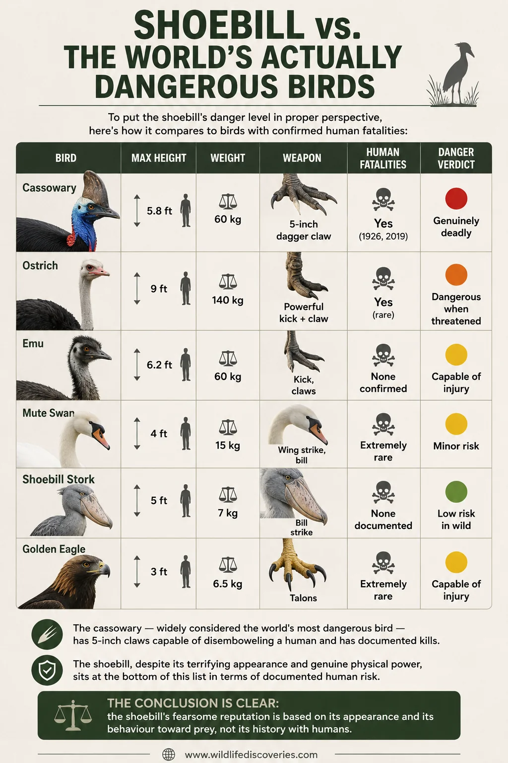 Shoebill vs world's most dangerous birds infographic comparing cassowary, ostrich, emu, mute swan, shoebill stork, and golden eagle