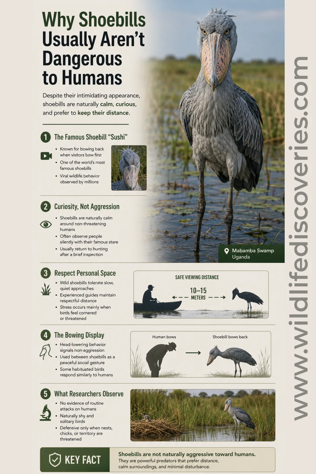 Why shoebills aren't dangerous to humans infographic showing Sushi the shoebill, bowing behavior, safe viewing distance, and non-aggressive nature