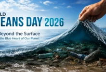 World Oceans Day 2026 awareness banner showing a hand lifting an ocean wave to reveal plastic pollution and marine waste beneath the surface, highlighting ocean conservation and environmental protection.