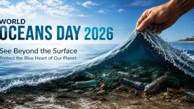 World Oceans Day 2026 awareness banner showing a hand lifting an ocean wave to reveal plastic pollution and marine waste beneath the surface, highlighting ocean conservation and environmental protection.