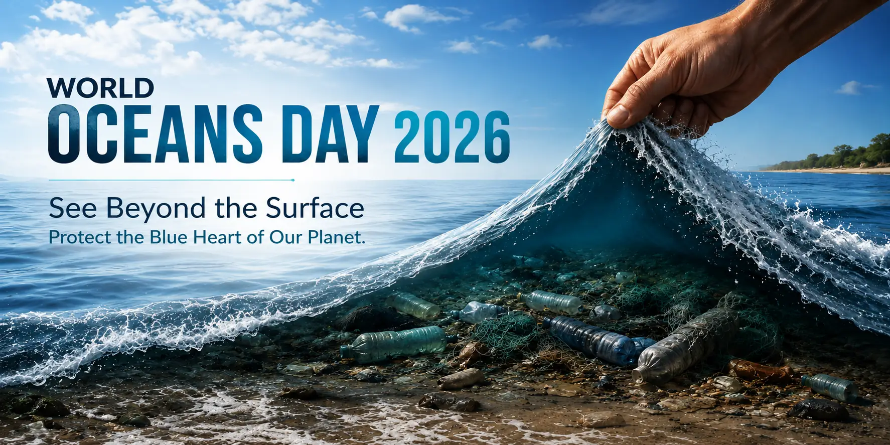World Oceans Day 2026 awareness banner showing a hand lifting an ocean wave to reveal plastic pollution and marine waste beneath the surface, highlighting ocean conservation and environmental protection.