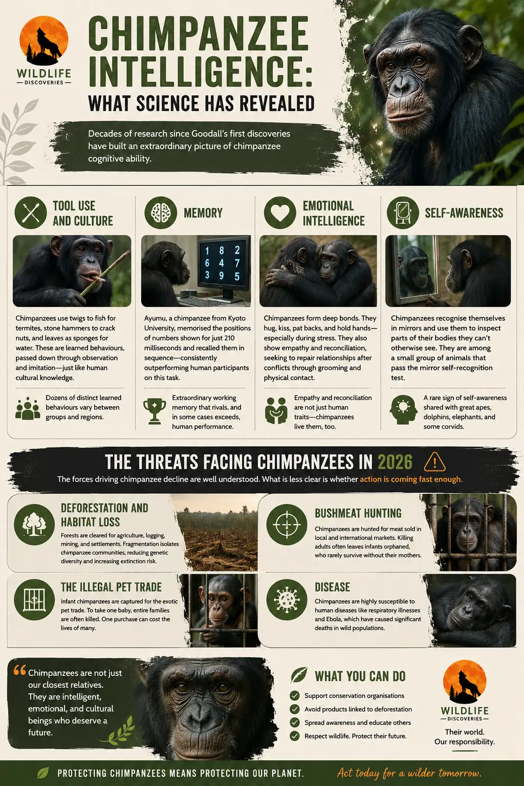 Educational infographic about Jane Goodall's groundbreaking chimpanzee research at Gombe, including David Greybeard's tool-making discovery, chimpanzee emotions, the Gombe Chimpanzee War, and Goodall's lasting conservation legacy.