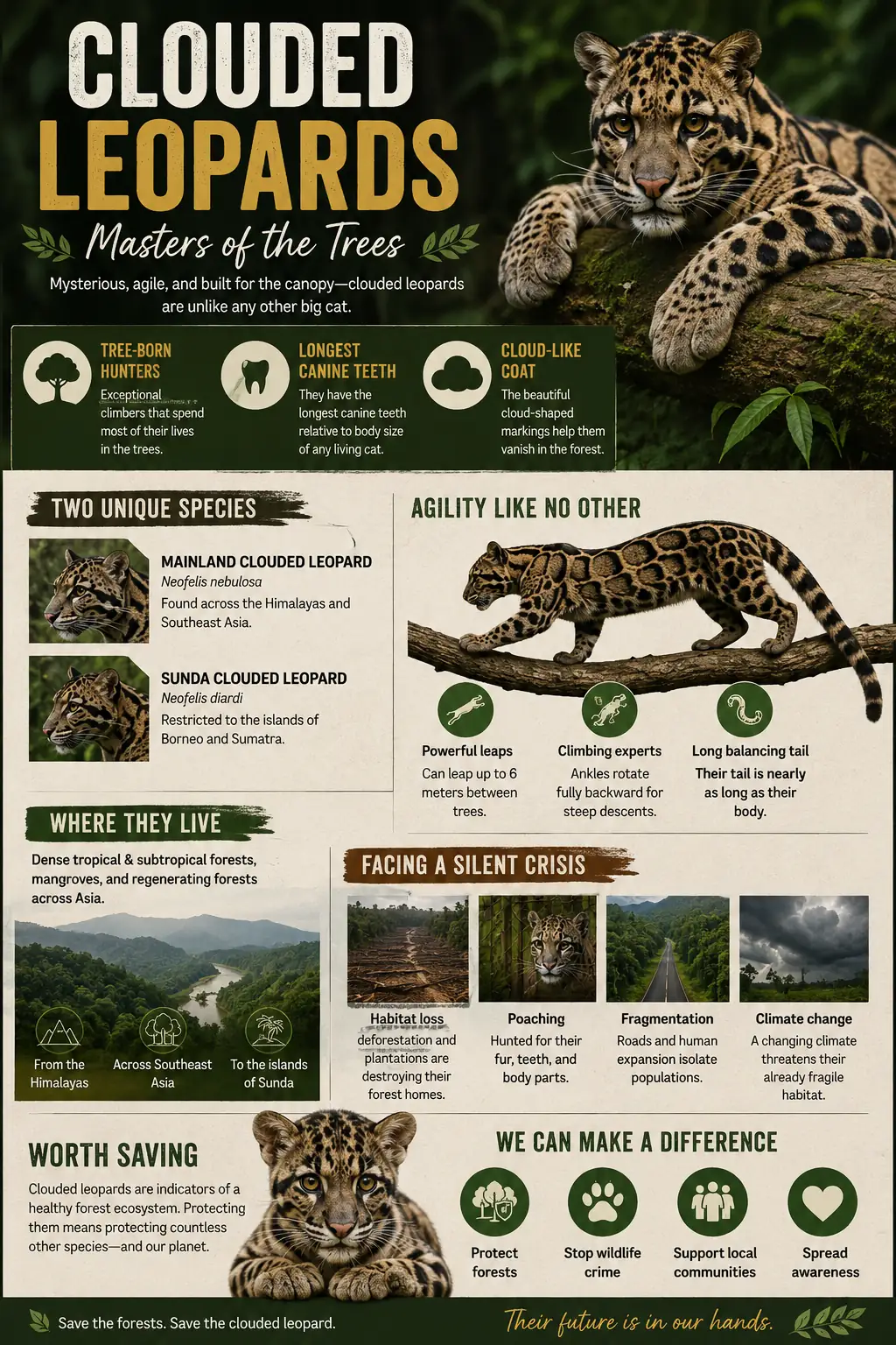 Educational infographic featuring clouded leopard fun facts, unique adaptations, habitat, two living species, conservation threats, and wildlife protection tips.