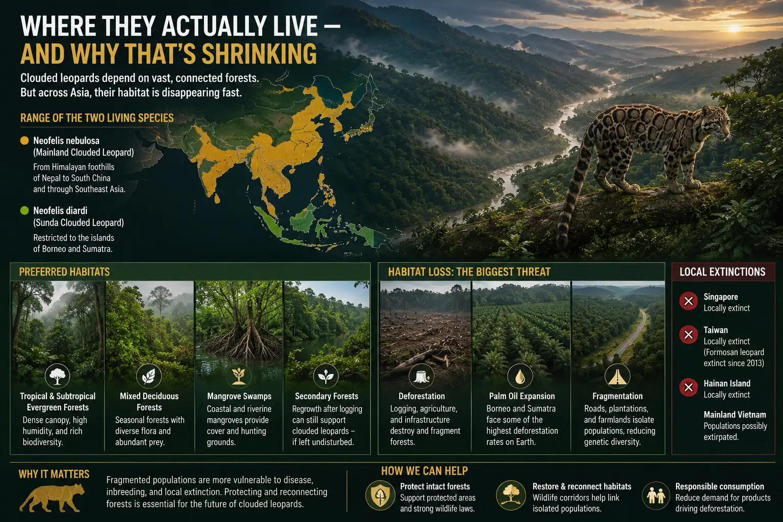 Infographic showing the clouded leopard's geographic range, preferred forest habitats, habitat loss, deforestation threats, and conservation challenges across South and Southeast Asia.