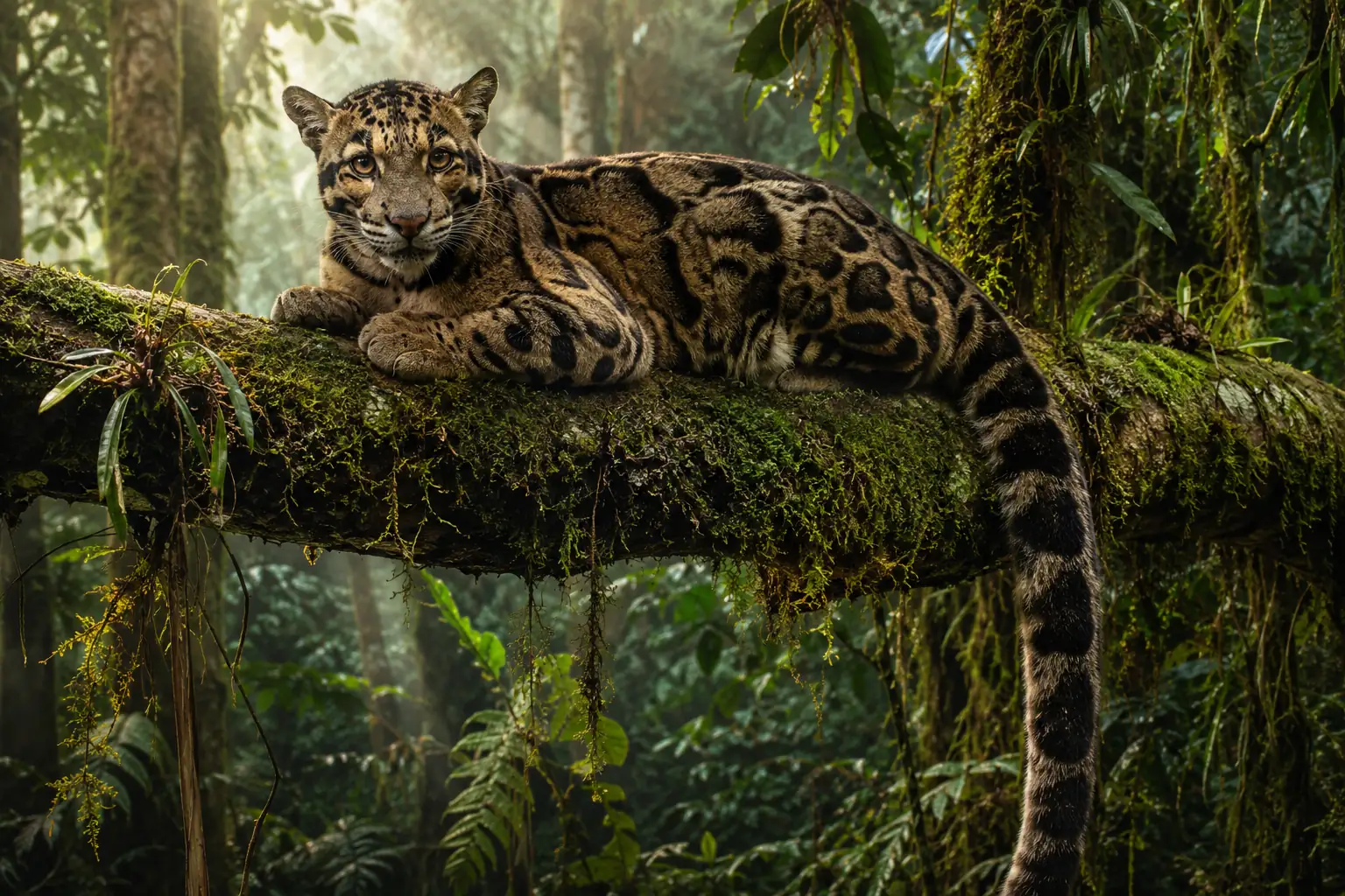 Clouded leopard (Neofelis nebulosa) resting on a moss-covered tree branch in a tropical Southeast Asian rainforest during sunrise.
