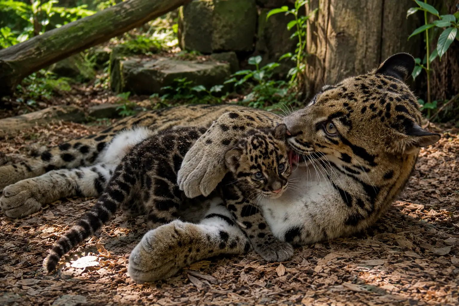Mother clouded leopard grooming her cub in a natural forest habitat, highlighting their close bond and conservation importance.