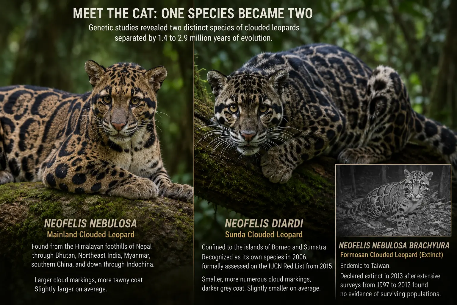Comparison infographic showing the mainland clouded leopard (Neofelis nebulosa), Sunda clouded leopard (Neofelis diardi), and the extinct Formosan clouded leopard with key species differences.