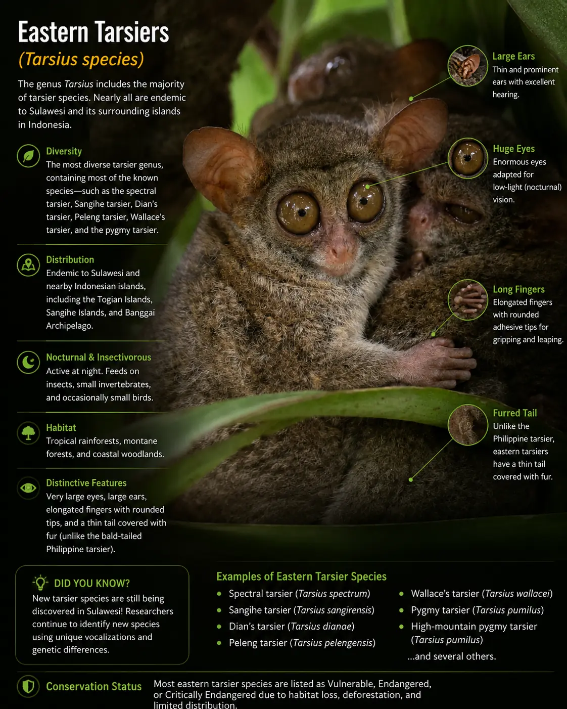 Eastern tarsiers (Tarsius species) identification guide showing anatomy, species diversity, Sulawesi distribution, nocturnal adaptations, large eyes, long fingers, furred tail, habitat, and conservation status.