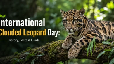 Clouded leopard resting on a moss-covered tree branch in a tropical rainforest for International Clouded Leopard Day – History, Facts and Guide.