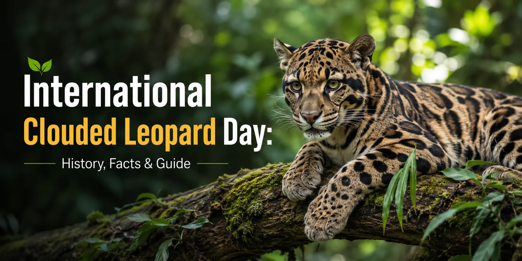 Clouded leopard resting on a moss-covered tree branch in a tropical rainforest for International Clouded Leopard Day – History, Facts and Guide.