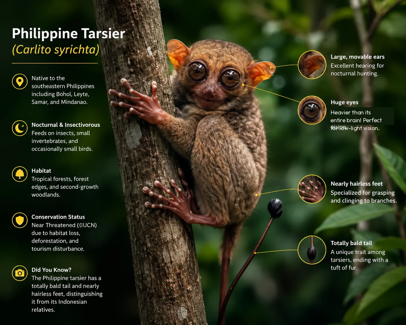 Philippine tarsier (Carlito syrichta) identification guide showing anatomy, habitat, diet, conservation status, bald tail, hairless feet, and large eyes in a tropical rainforest.