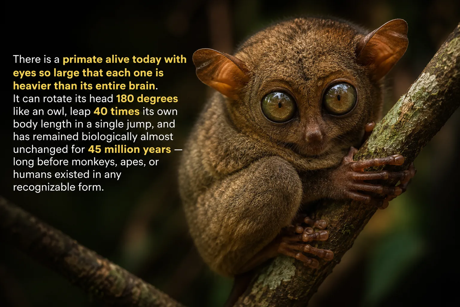 Hyper-realistic tarsier clinging to a rainforest tree branch, showcasing its enormous eyes, an ancient primate species featured in a guide about tarsier classification, evolution, and unique adaptations.