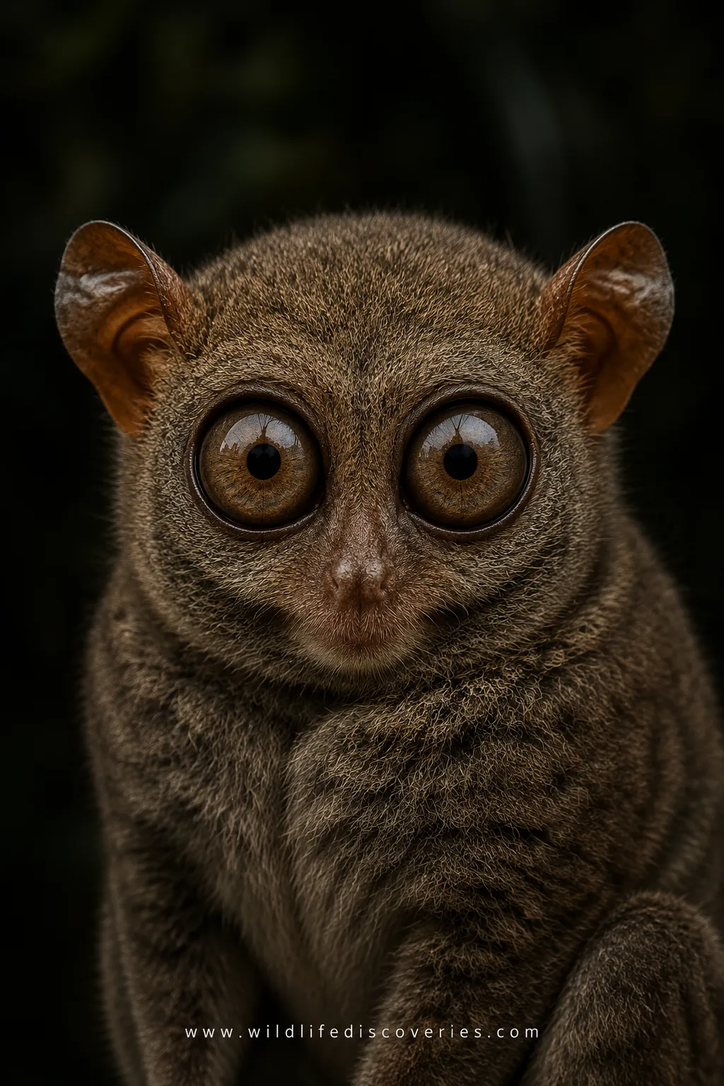 close-up portrait of a Philippine tarsier with large expressive eyes in a dark forest background, detailed wildlife photography.