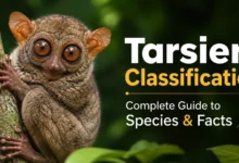 Tarsiers Classification Complete Guide to Species and Facts featuring a tarsier clinging to a tree in a tropical rainforest.