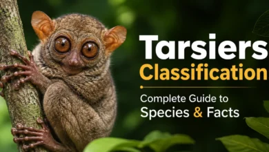 Tarsiers Classification Complete Guide to Species and Facts featuring a tarsier clinging to a tree in a tropical rainforest.