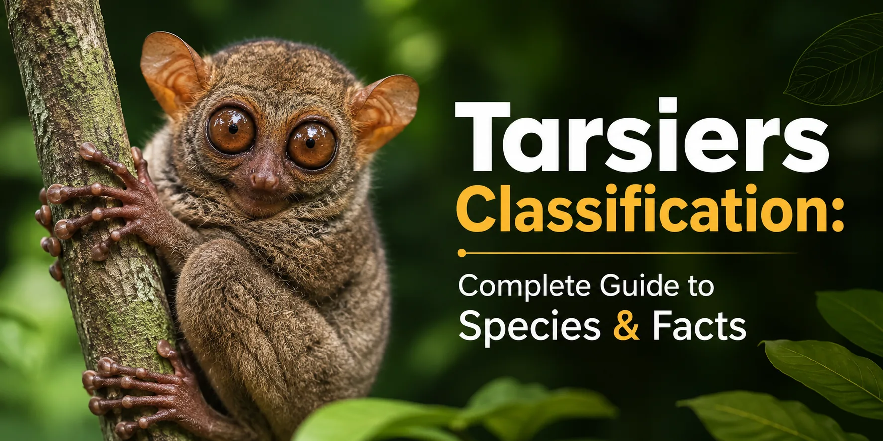 Tarsiers Classification Complete Guide to Species and Facts featuring a tarsier clinging to a tree in a tropical rainforest.