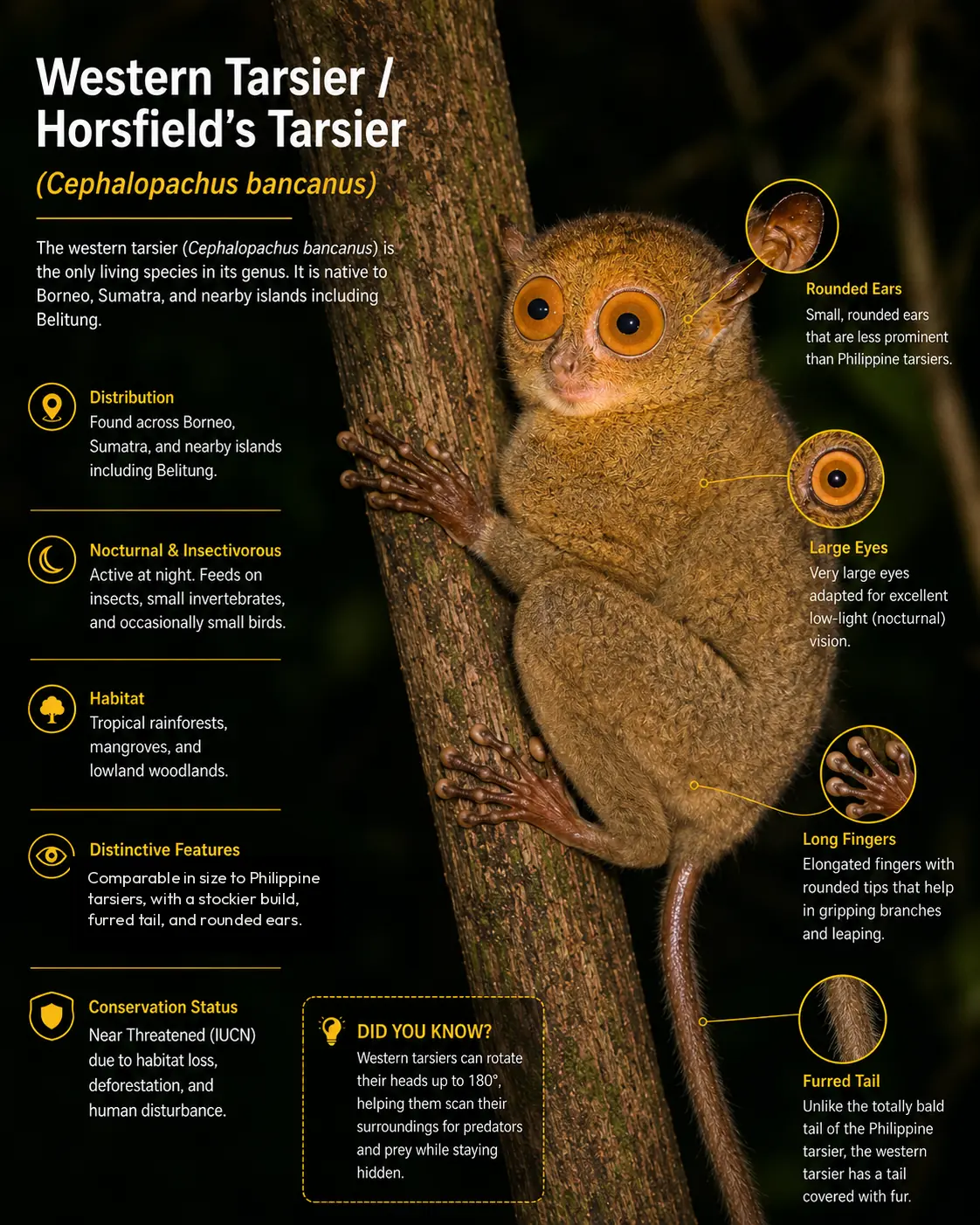 Western tarsier (Cephalopachus bancanus) identification guide showing habitat, distribution, anatomy, rounded ears, large eyes, long fingers, furred tail, and conservation status in a tropical rainforest.