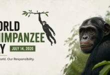 World Chimpanzee Day 2026 banner featuring a realistic chimpanzee in a lush forest with conservation message and July 14 date.