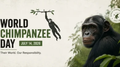 World Chimpanzee Day 2026 banner featuring a realistic chimpanzee in a lush forest with conservation message and July 14 date.