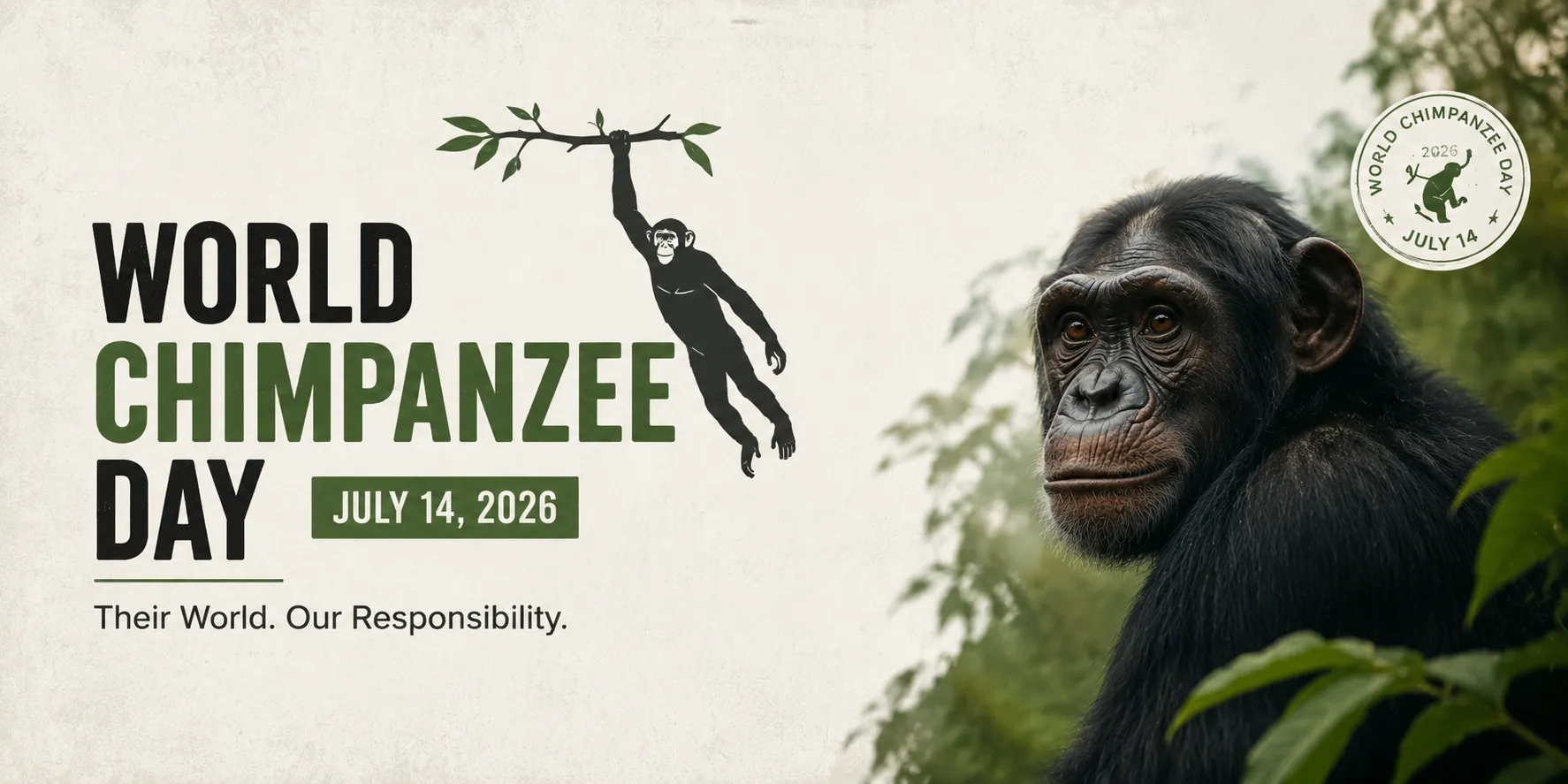 World Chimpanzee Day 2026 banner featuring a realistic chimpanzee in a lush forest with conservation message and July 14 date.