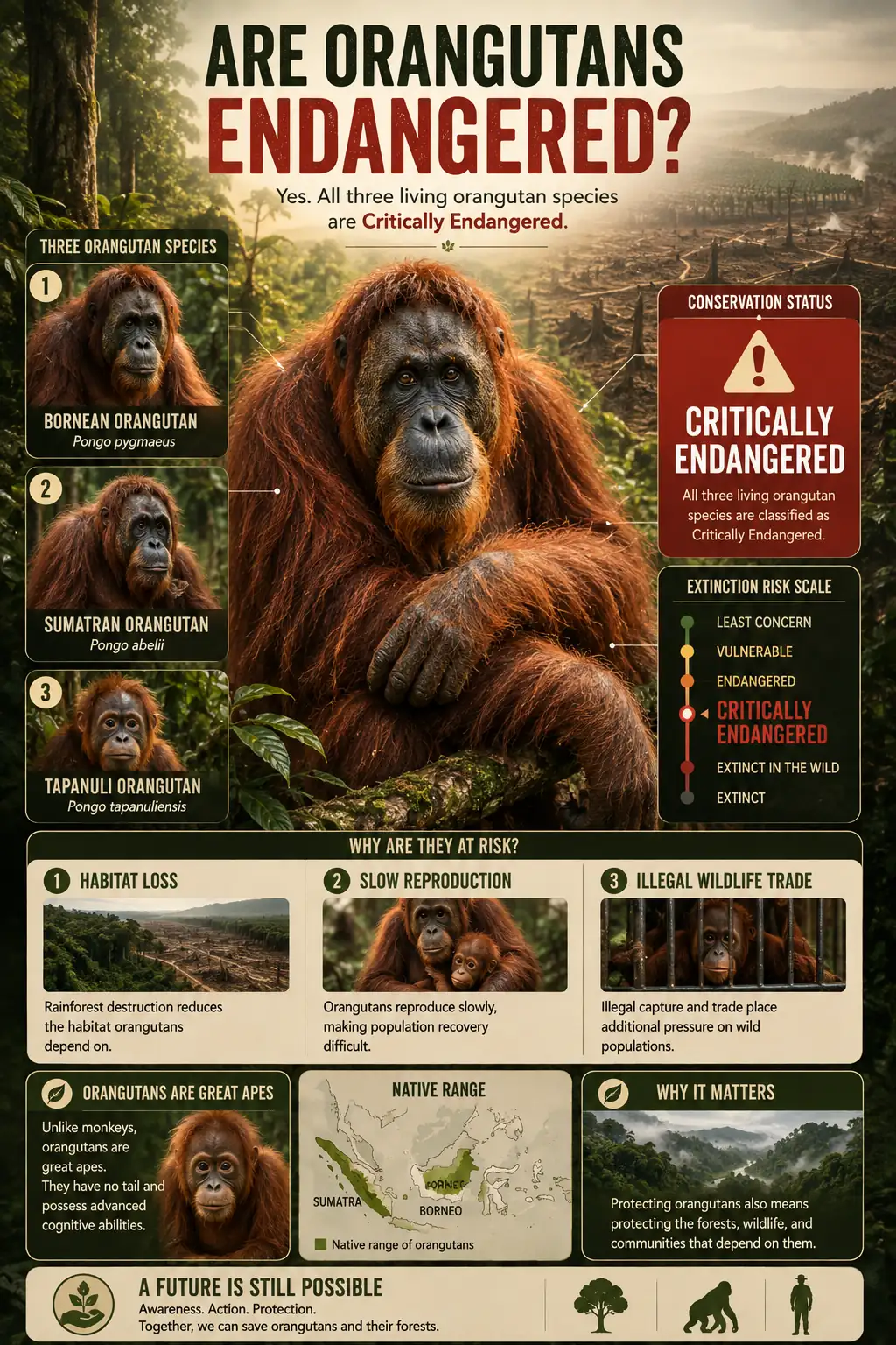 Are orangutans endangered infographic showing critically endangered Bornean, Sumatran, and Tapanuli orangutans and conservation threats
