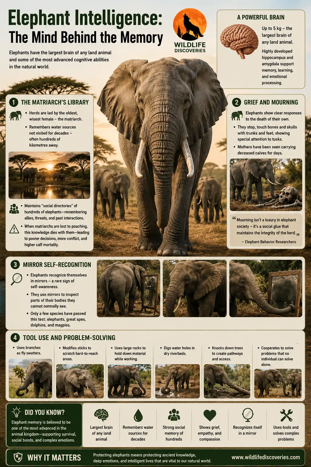 Elephant intelligence infographic explaining elephant memory, social cognition, grief, self-recognition, tool use, and problem-solving abilities.