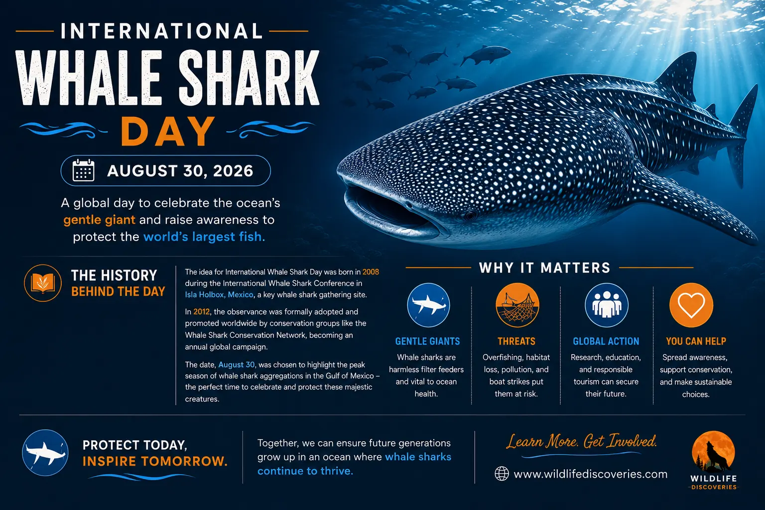 International Whale Shark Day 2026 conservation infographic featuring a whale shark, history, threats, global action, and protection message