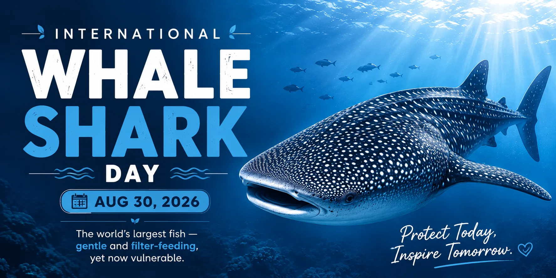 International Whale Shark Day 2026 poster featuring a whale shark underwater with the message Protect Today, Inspire Tomorrow