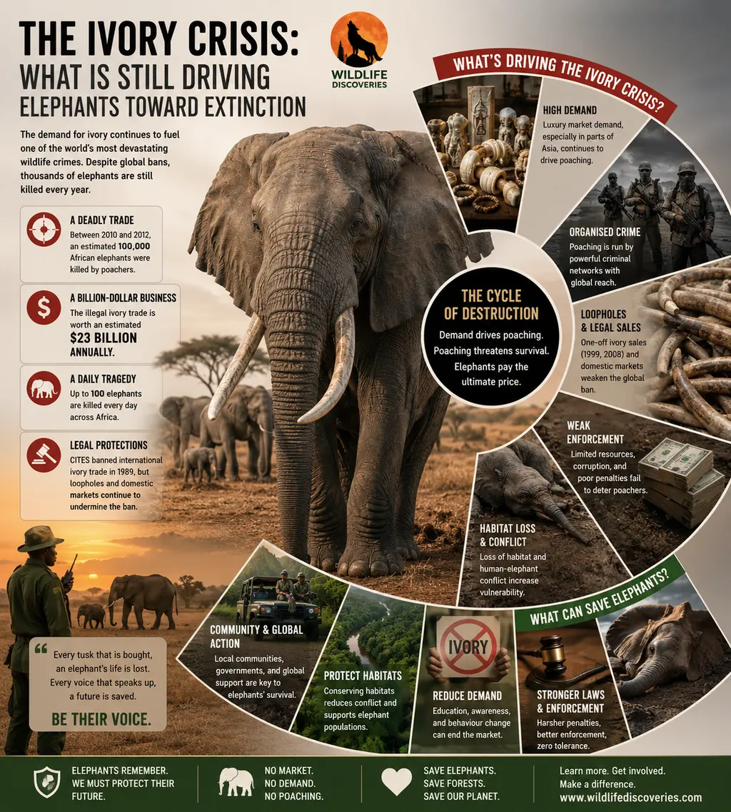 Ivory crisis infographic explaining elephant poaching, ivory demand, organized crime, habitat loss, legal protections, and conservation solutions.