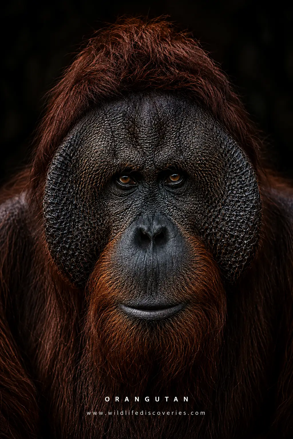 Close-up portrait of an orangutan showing its distinctive facial features and reddish-brown fur
