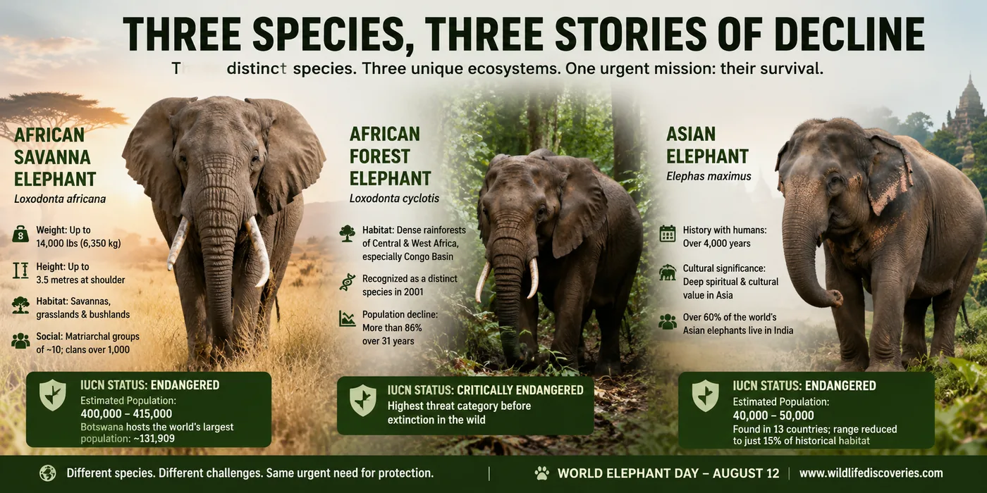 Three elephant species conservation infographic showing African savanna, African forest, and Asian elephants and their endangered status.