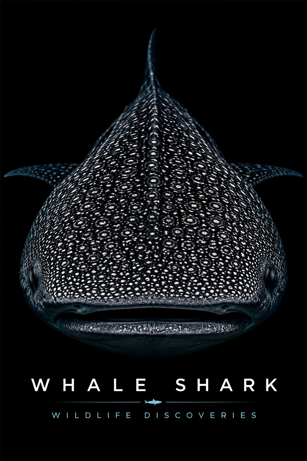 Front-facing whale shark poster with Wildlife Discoveries branding on a black background