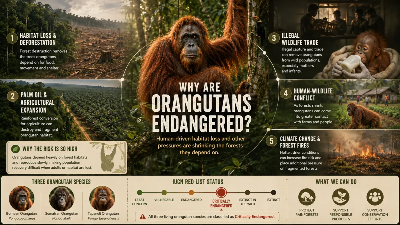 Why are orangutans endangered infographic showing habitat loss, palm oil expansion, illegal wildlife trade, human-wildlife conflict, and climate change