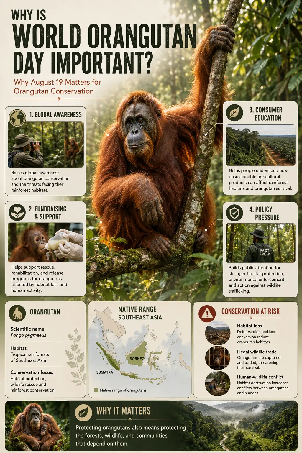Why World Orangutan Day is important infographic showing orangutan conservation, habitat loss, wildlife protection, and Southeast Asian rainforest