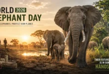 World Elephant Day 2026 conservation poster showing elephants at a waterhole with a message to protect elephants and stop the ivory trade.