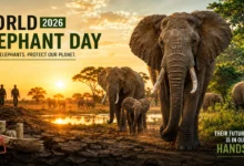 World Elephant Day 2026 conservation poster showing elephants at a waterhole with a message to protect elephants and stop the ivory trade.