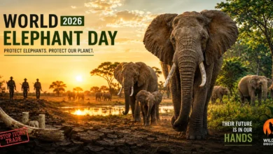 World Elephant Day 2026 conservation poster showing elephants at a waterhole with a message to protect elephants and stop the ivory trade.
