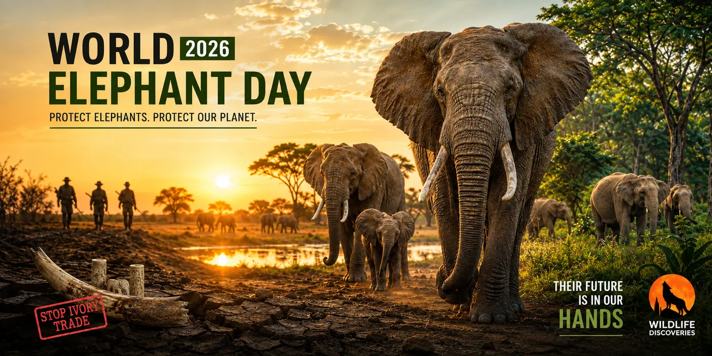 World Elephant Day 2026 conservation poster showing elephants at a waterhole with a message to protect elephants and stop the ivory trade.