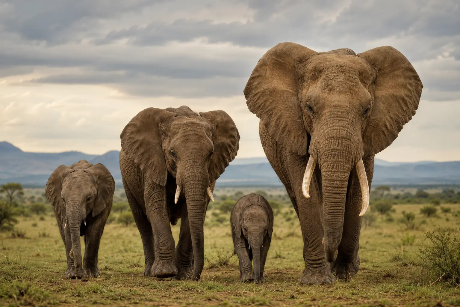 African elephant herd with adults and calves walking across the savanna