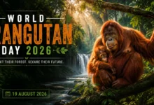 World Orangutan Day 2026 on August 19 featuring an orangutan mother and baby in a rainforest with a conservation message
