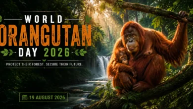 World Orangutan Day 2026 on August 19 featuring an orangutan mother and baby in a rainforest with a conservation message