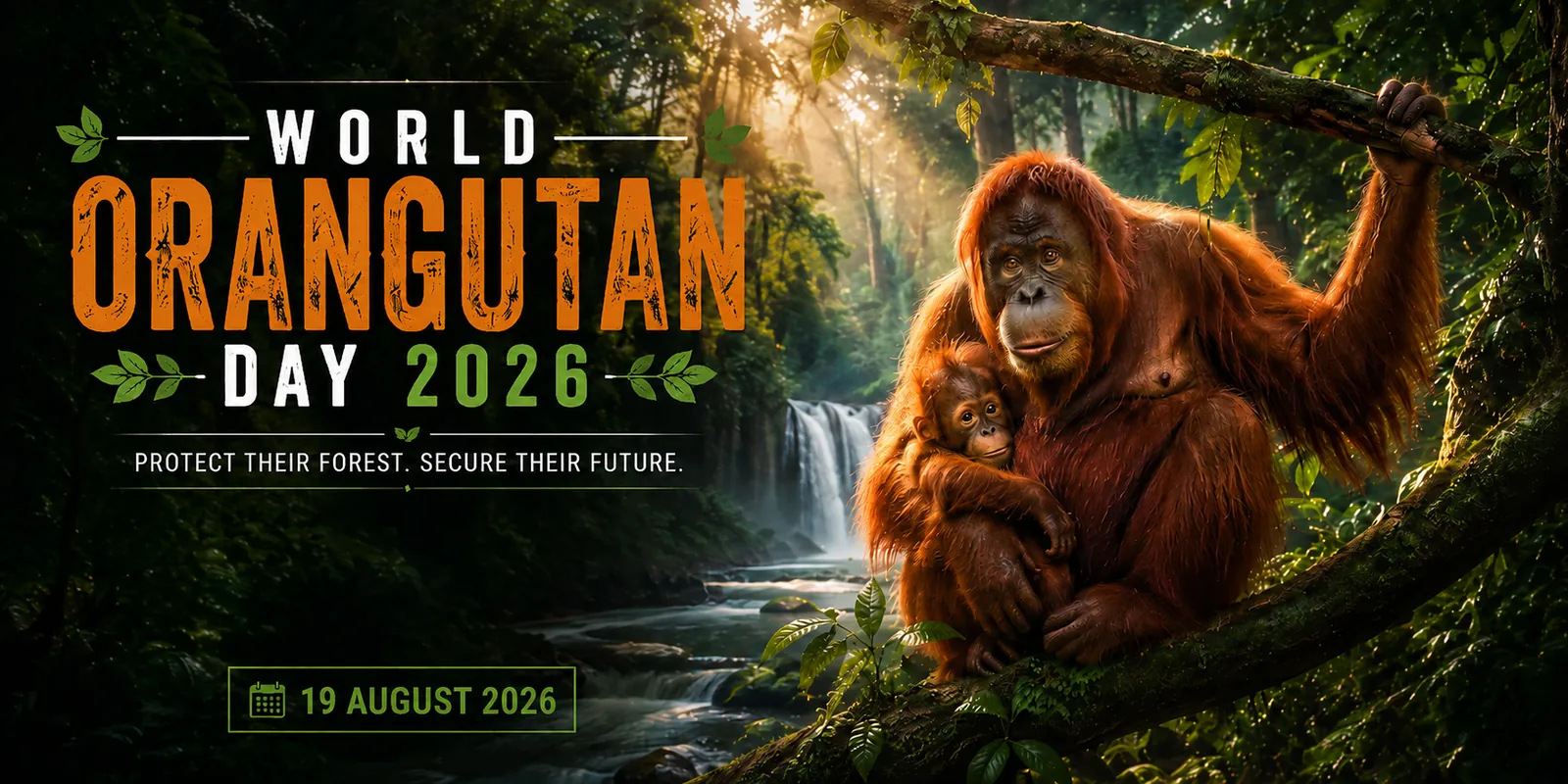 World Orangutan Day 2026 on August 19 featuring an orangutan mother and baby in a rainforest with a conservation message