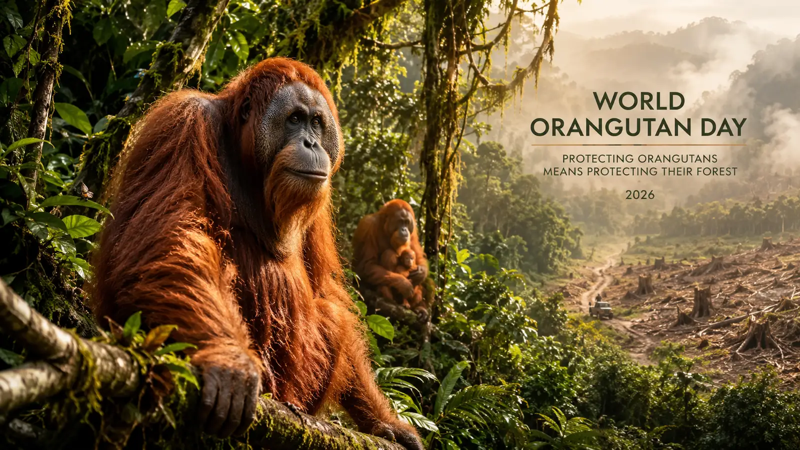 World Orangutan Day 2026 orangutan in rainforest highlighting forest conservation and deforestation